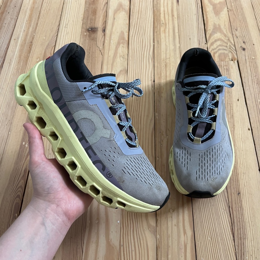On Cloudmonster Women Lavender Grey Lime Green Running Shoes Sneakers Nimbus Hay